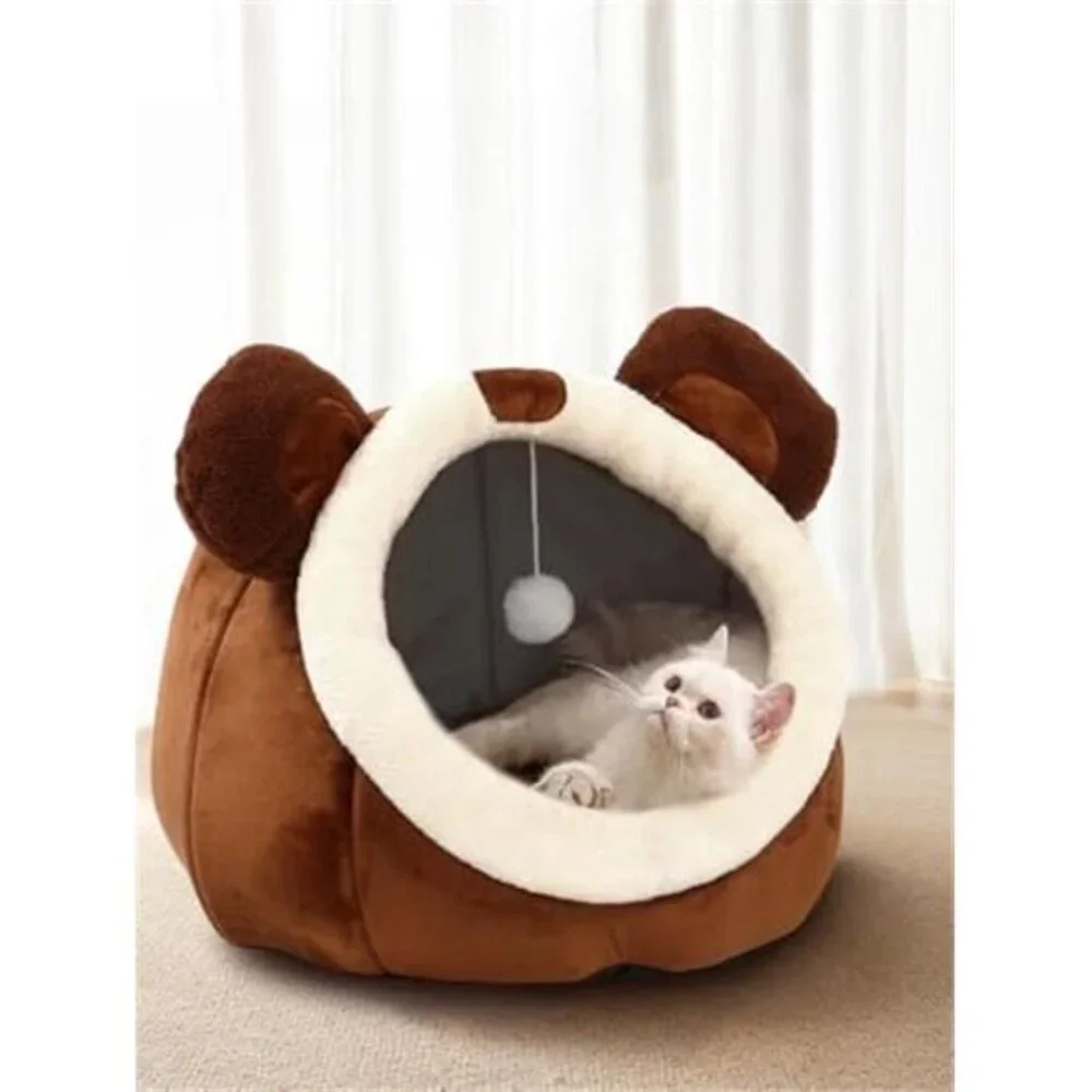 Cat Bed Cave Plush Indoor Cats Removable Washable Pillow Cozy Bear House Soft